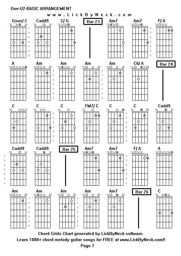 Chord Grids Chart of chord melody fingerstyle guitar song-One-U2-BASIC ARRANGEMENT,generated by LickByNeck software.